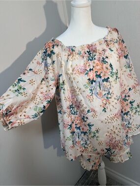 Zane Cream Floral Off-Shoulder Blouse with Pink & Green Accents